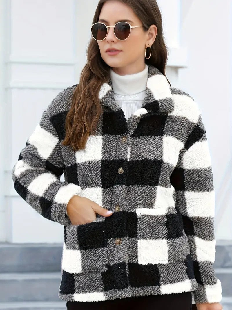 Plaid Button Teddy Jacket with Pockets