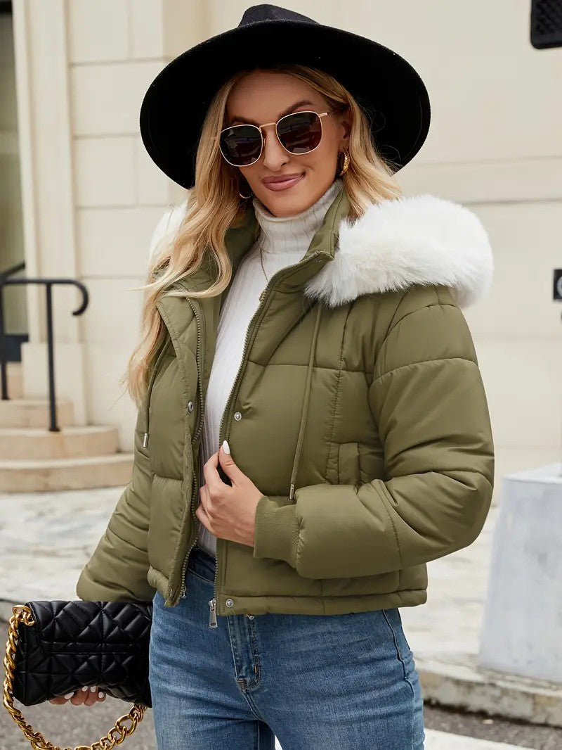Faux Fur Hooded Short Puffer Jacket