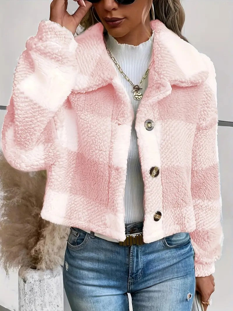 Cozy Plaid Button-Front Teddy Jacket
