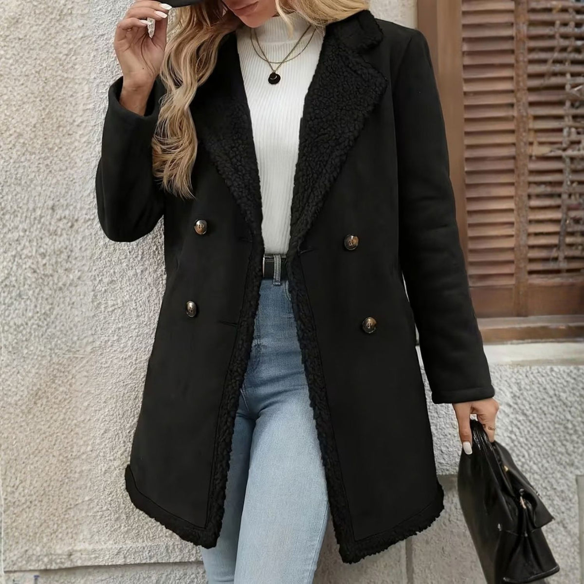 Faux Shearling Lapel Coat