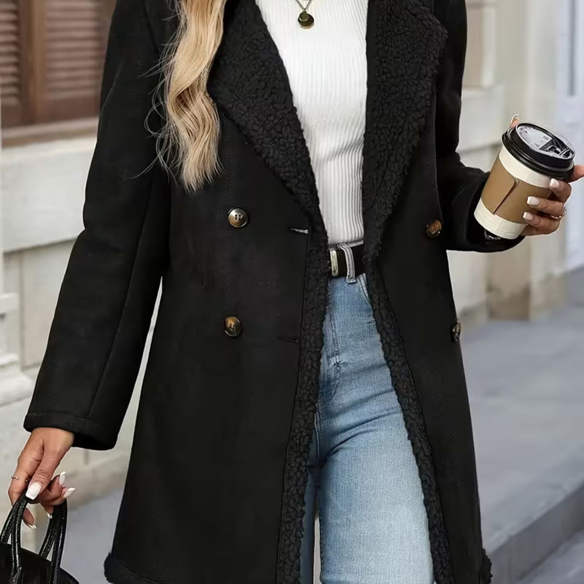 Faux Shearling Lapel Coat