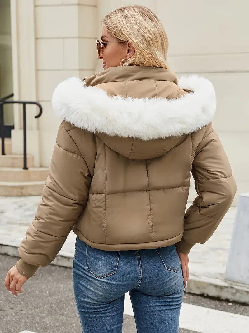 Faux Fur Hooded Short Puffer Jacket