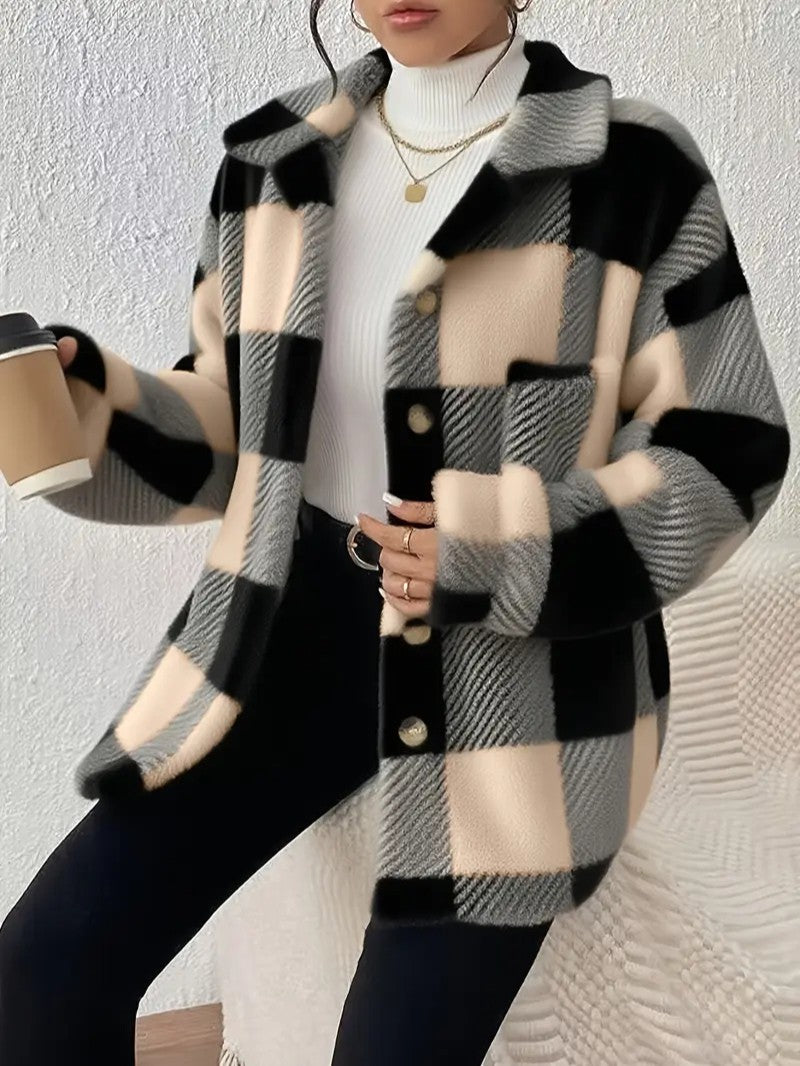 Elegant Plaid Fleece Button Jacket