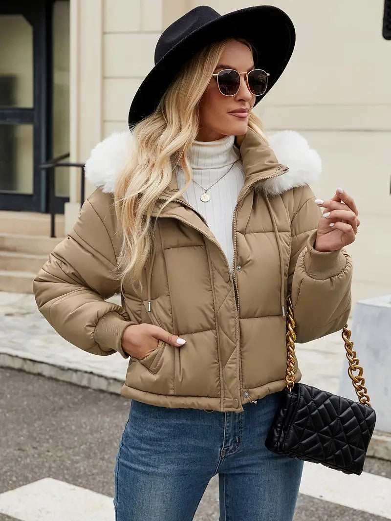Faux Fur Hooded Short Puffer Jacket