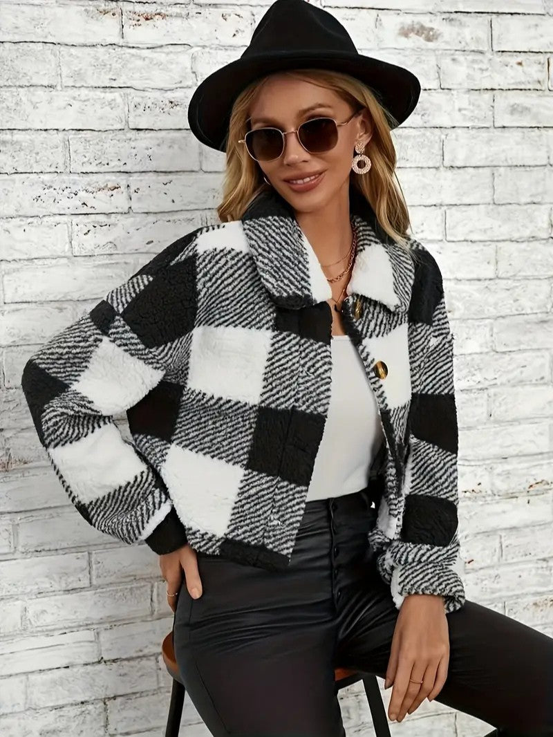 Cozy Plaid Button-Front Teddy Jacket