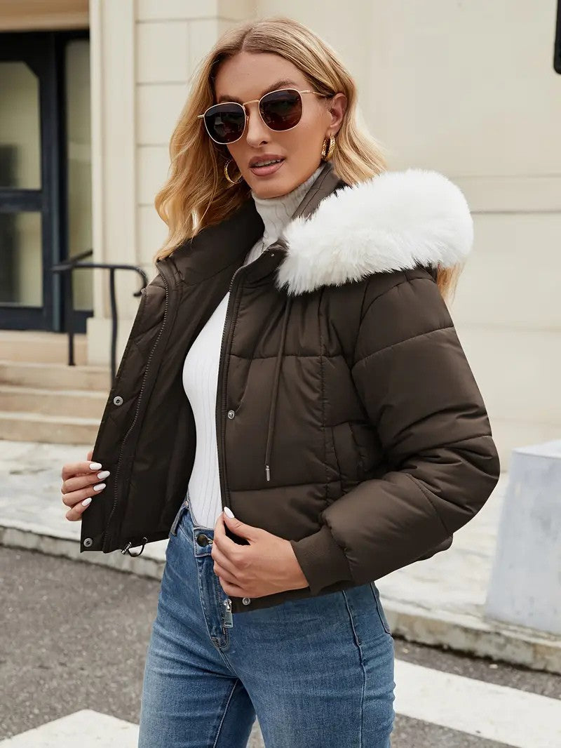 Faux Fur Hooded Short Puffer Jacket