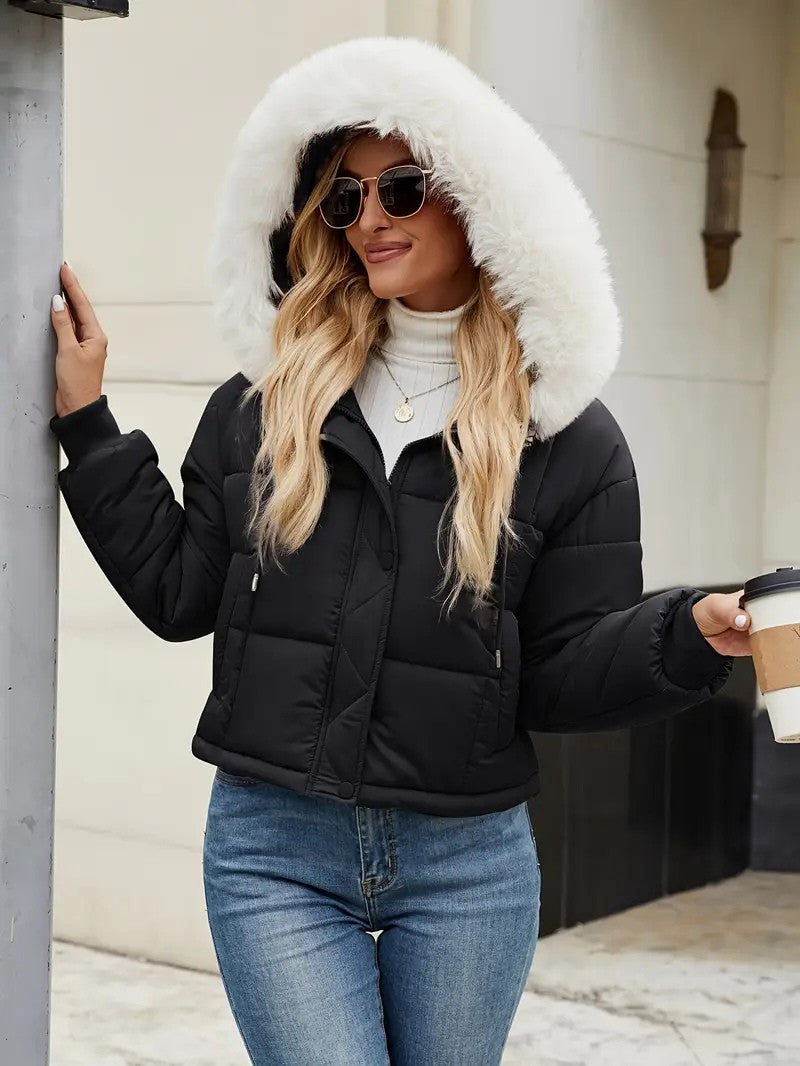 Faux Fur Hooded Short Puffer Jacket