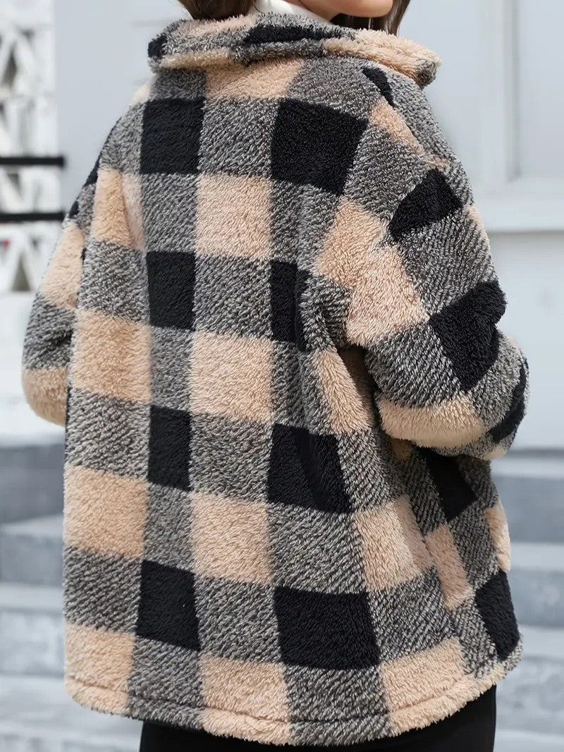 Plaid Button Teddy Jacket with Pockets