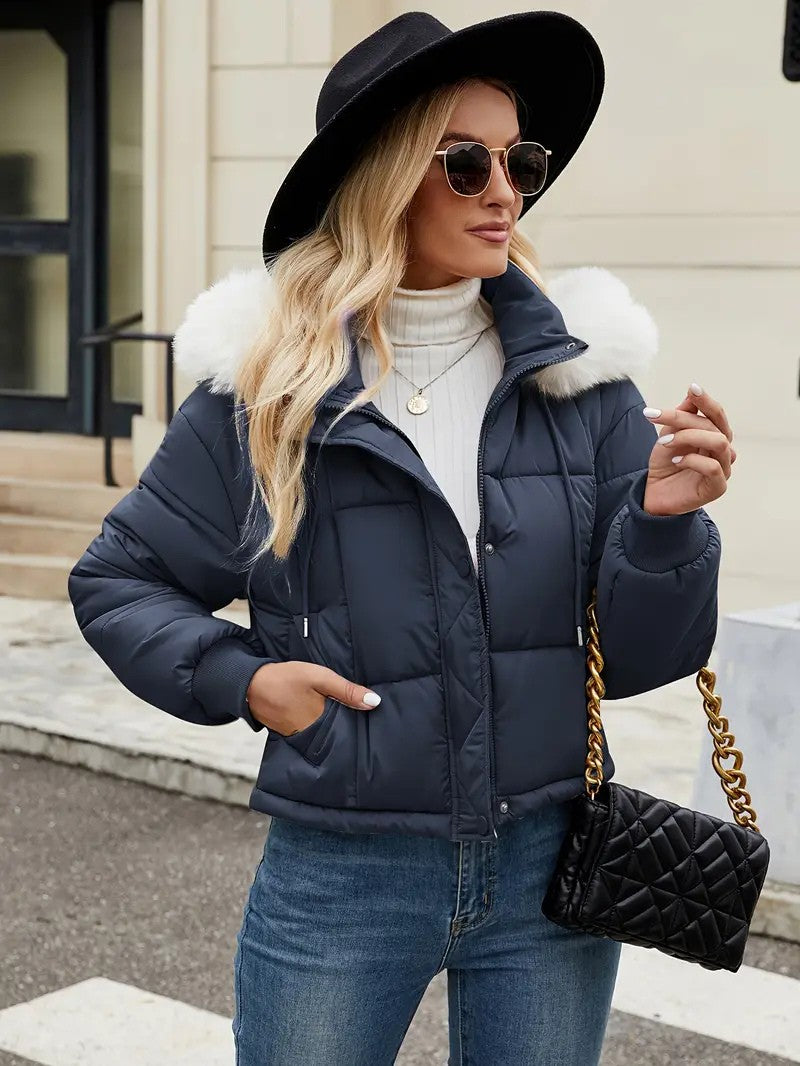 Faux Fur Hooded Short Puffer Jacket