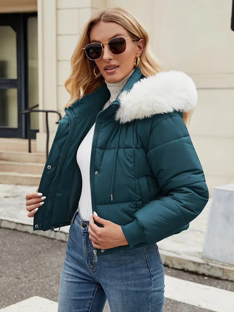 Faux Fur Hooded Short Puffer Jacket