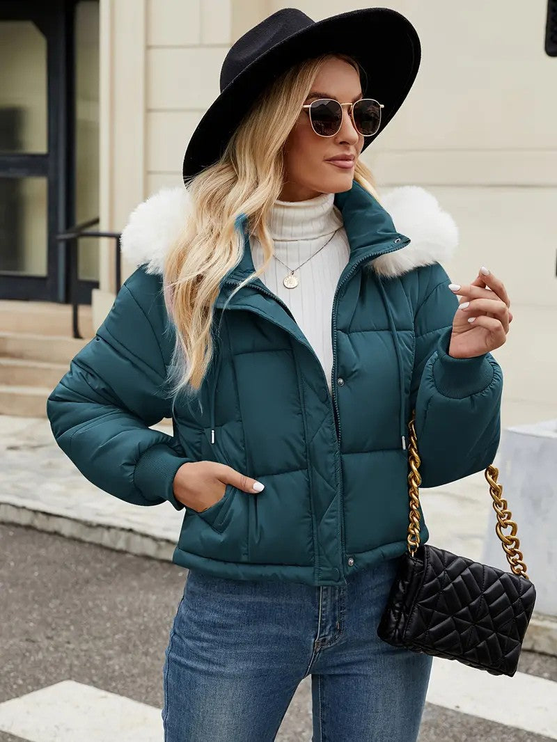 Faux Fur Hooded Short Puffer Jacket