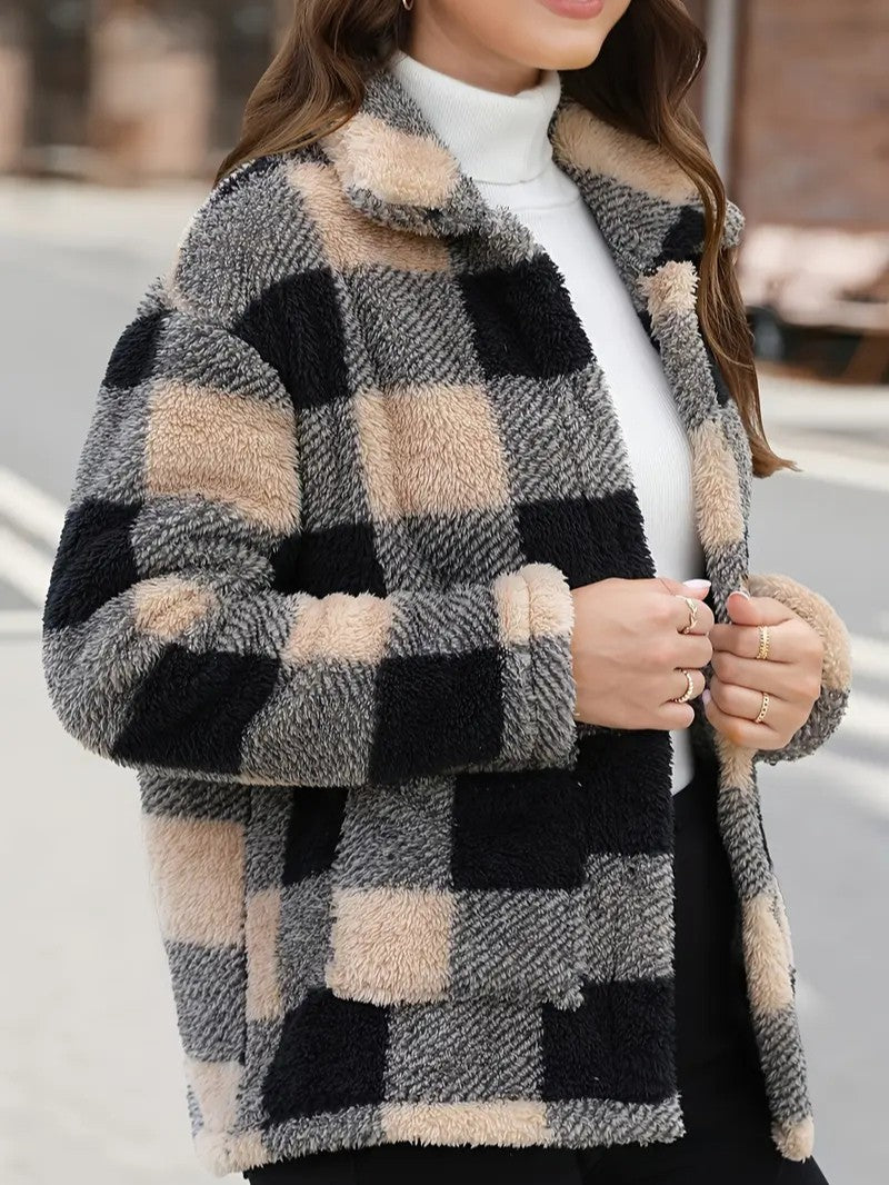 Plaid Button Teddy Jacket with Pockets
