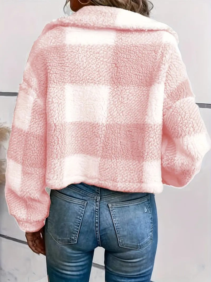 Cozy Plaid Button-Front Teddy Jacket