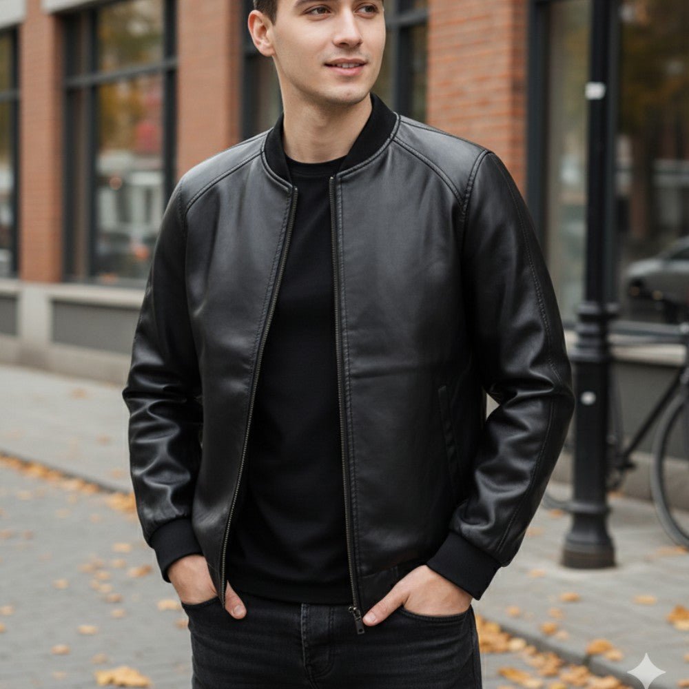 Casual Baseball Collar Leather Jacket - Men's Leather Jacket - Wild Eye Vision