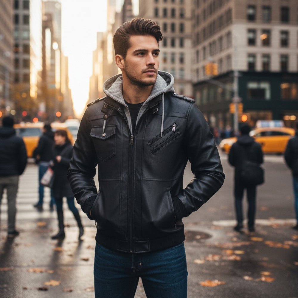 Detachable Hood Leather Jacket - Men's Leather Jacket - Wild Eye Vision