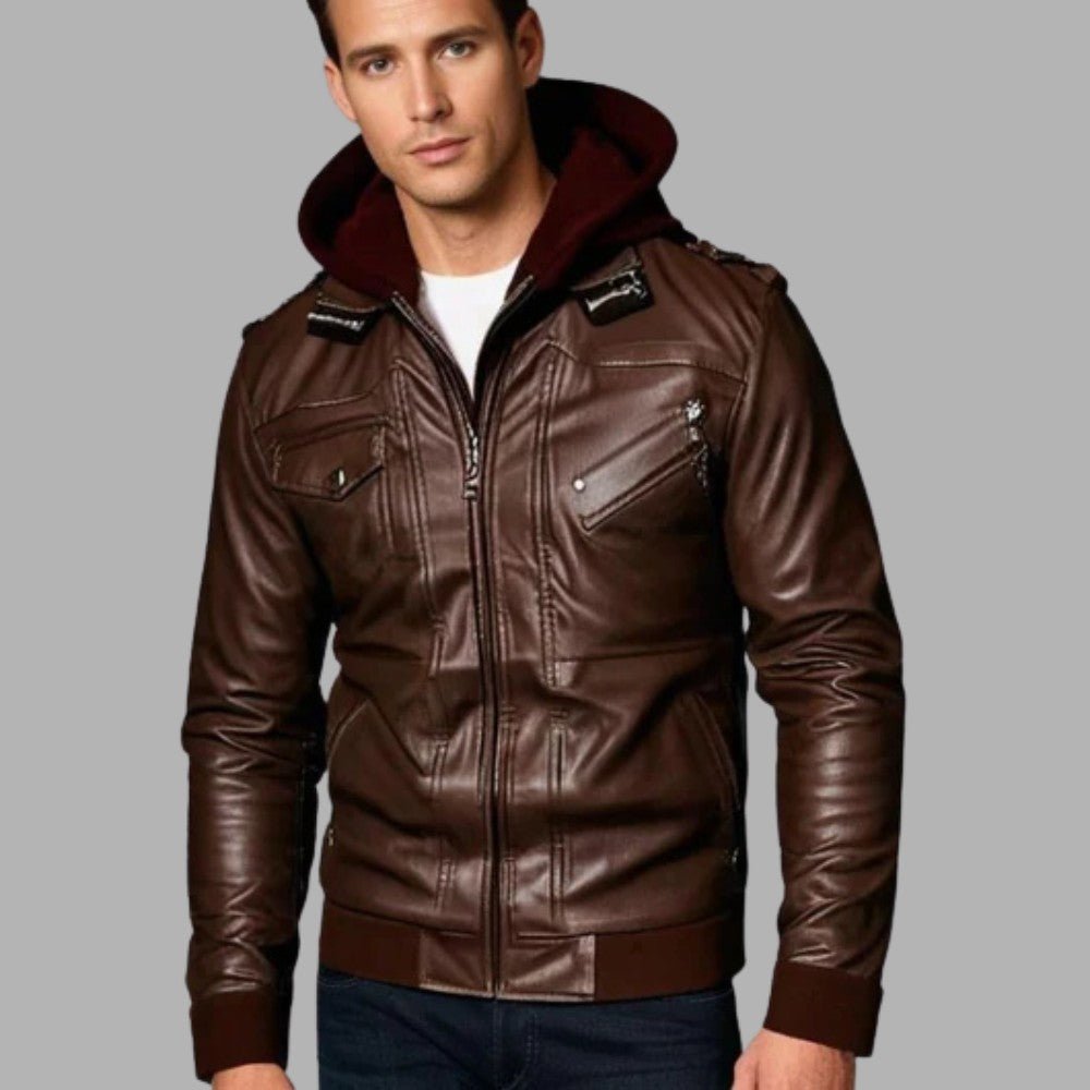 Detachable Hood Leather Jacket - Men's Leather Jacket - Wild Eye Vision