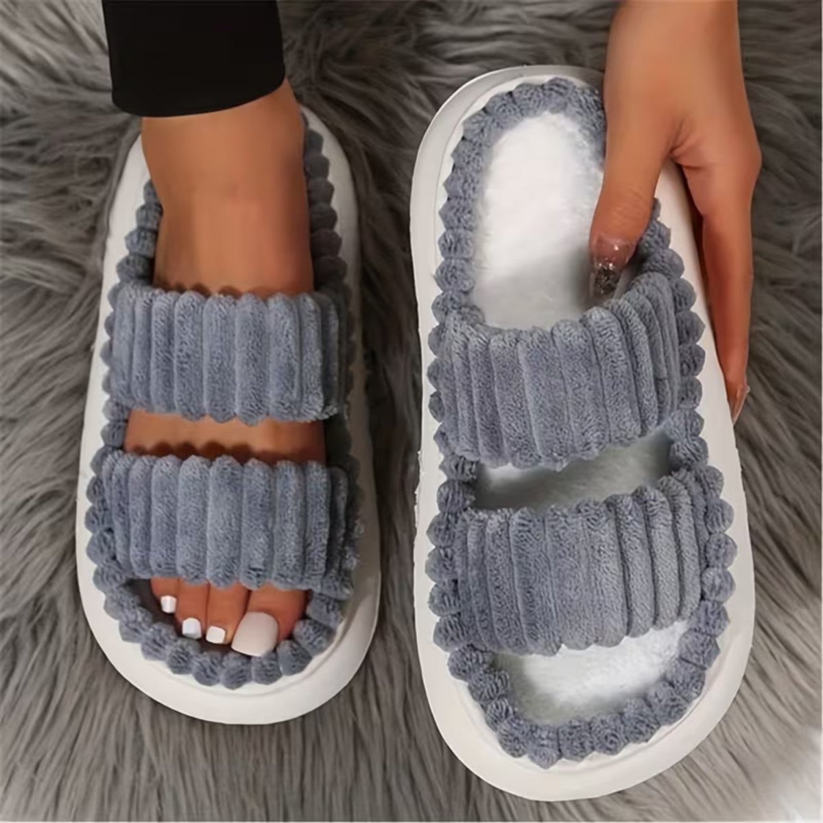 Double Straps Plush Slippers for Women - Slippers - Wild Eye Vision