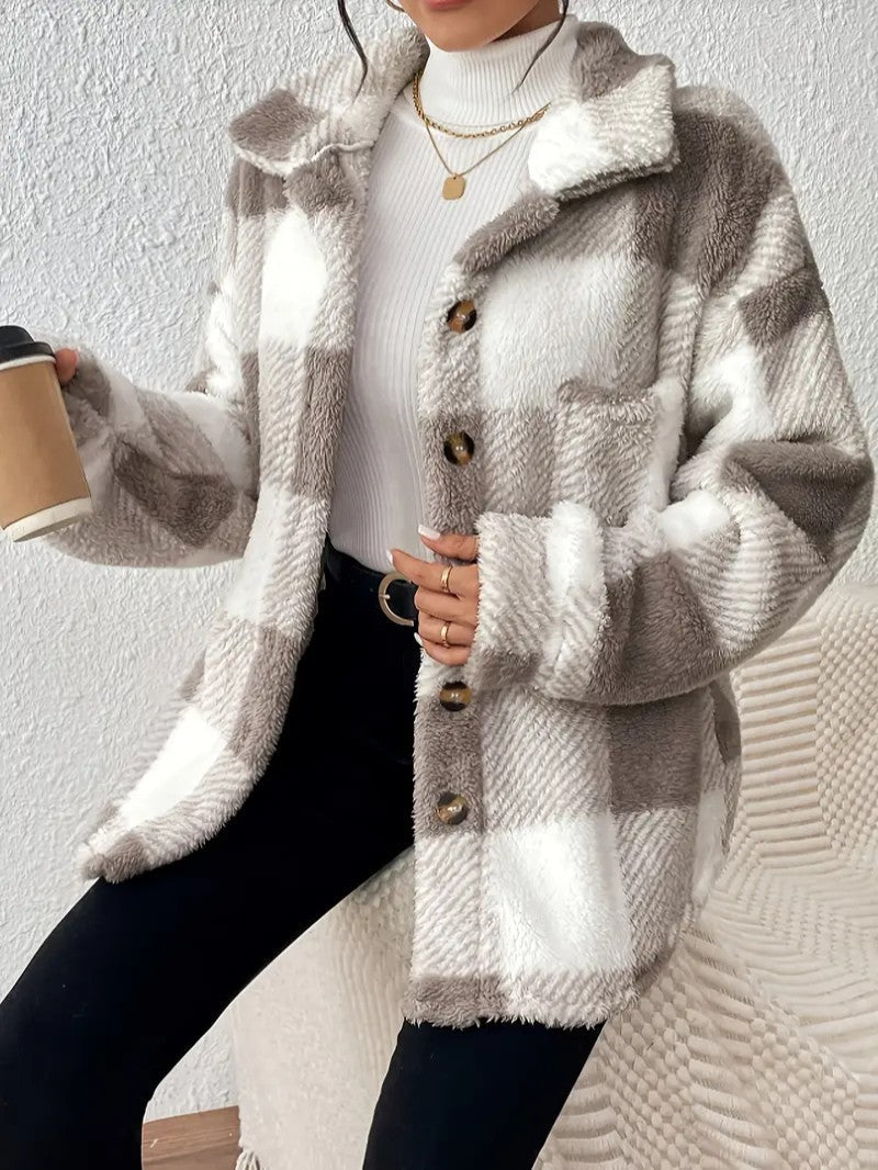 Elegant Plaid Fleece Button Jacket - Women's Winter Jacket - Wild Eye Vision