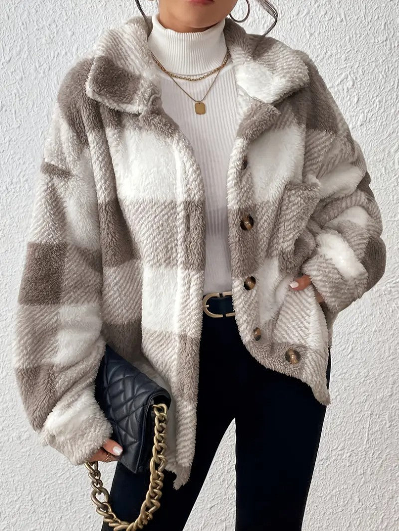 Elegant Plaid Fleece Button Jacket - Women's Winter Jacket - Wild Eye Vision