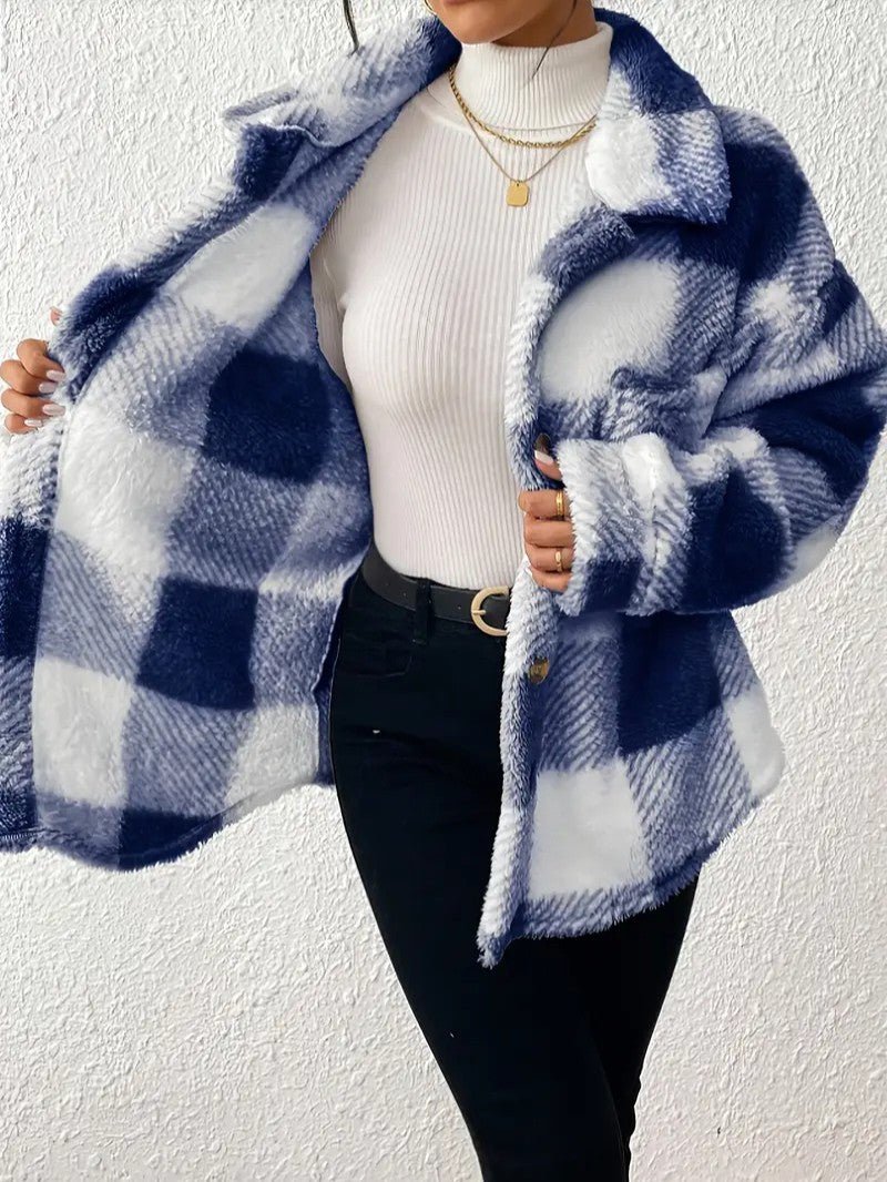 Elegant Plaid Fleece Button Jacket - Women's Winter Jacket - Wild Eye Vision