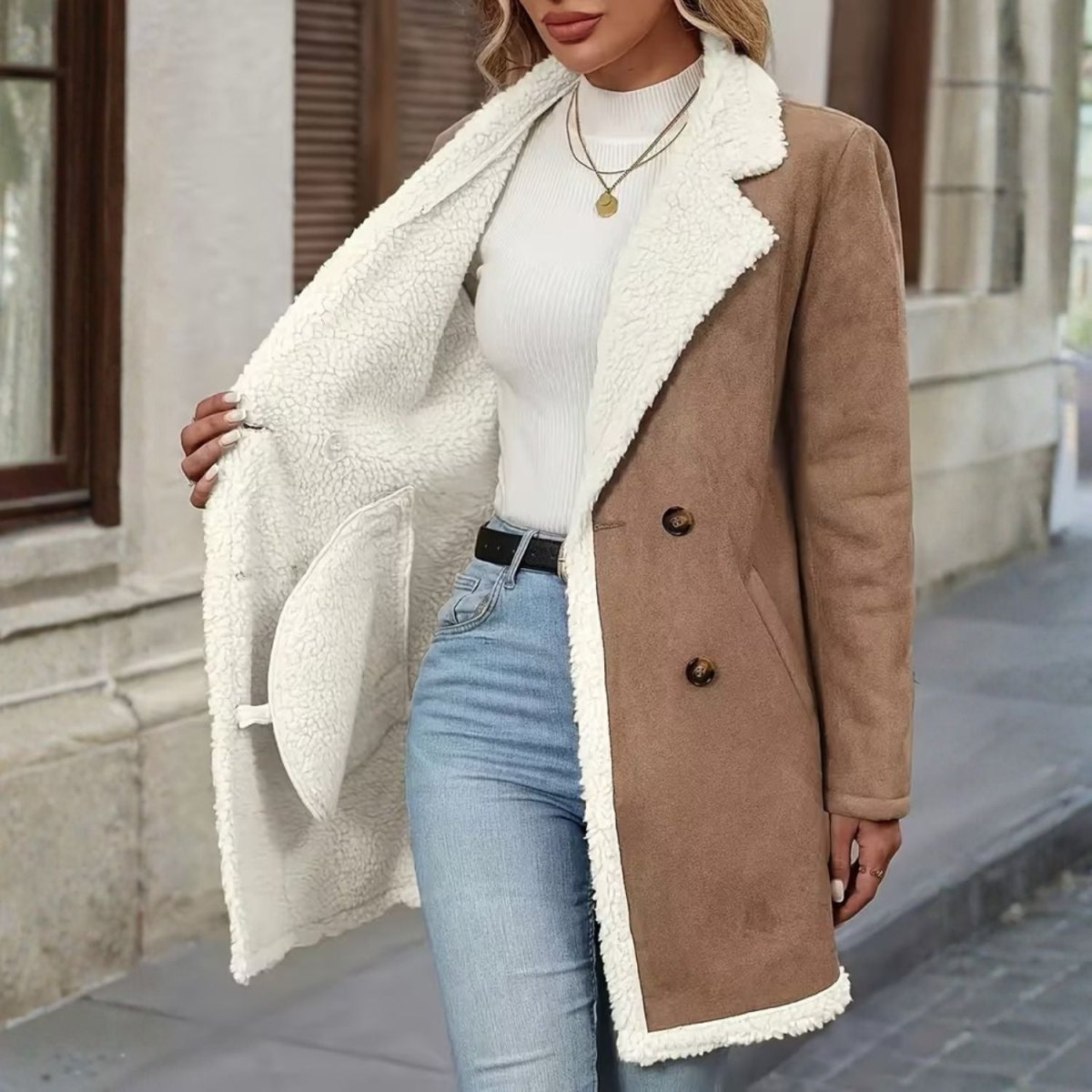 Faux Shearling Lapel Coat - Women Coat - Wild Eye Vision