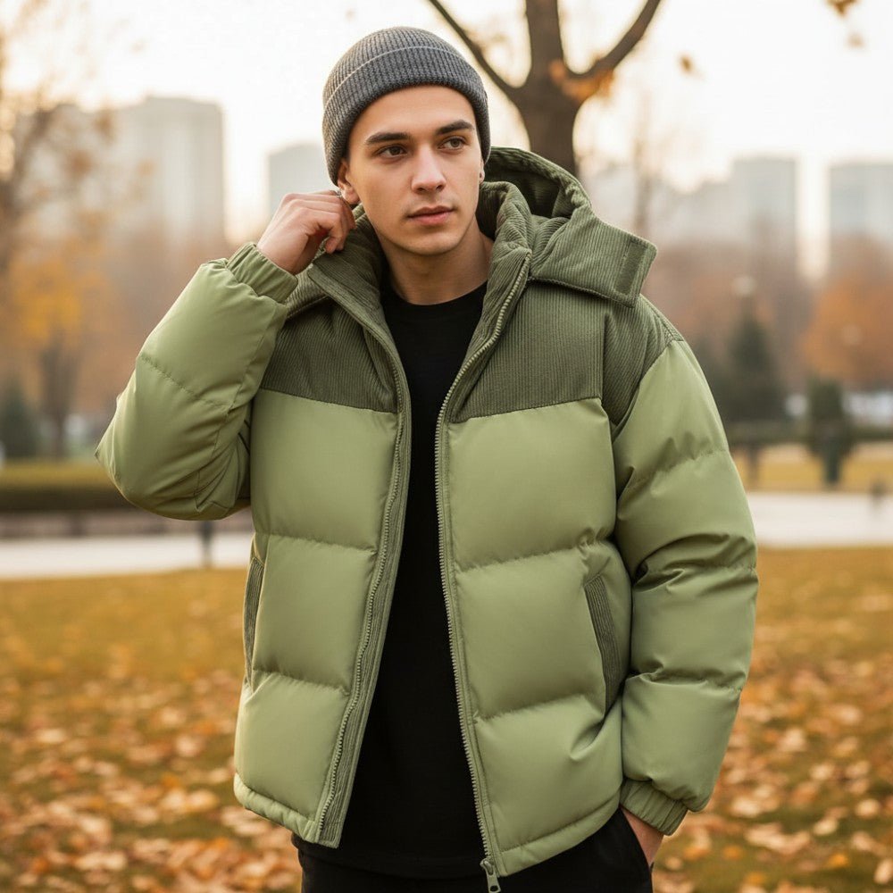 Insulated Puffer Jacket with Corduroy Hood - Men's Puffer Jacket - Wild Eye Vision