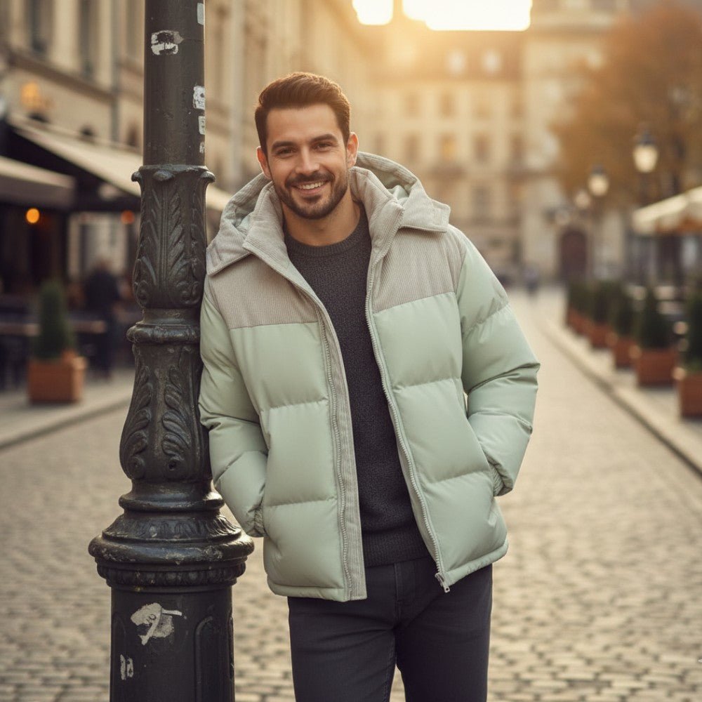 Insulated Puffer Jacket with Corduroy Hood - Men's Puffer Jacket - Wild Eye Vision