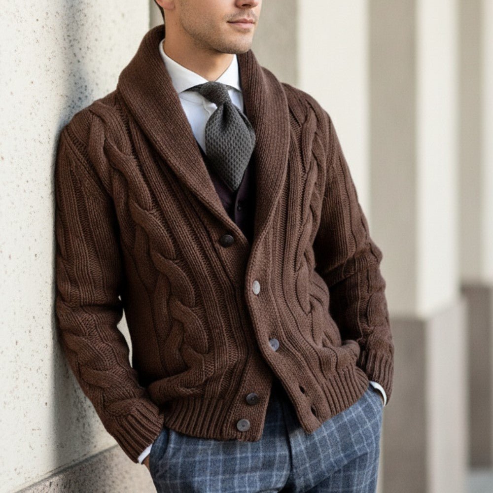 Men’s Cable Knit Shawl Collar Cardigan - Men Knit Cardigan - Wild Eye Vision