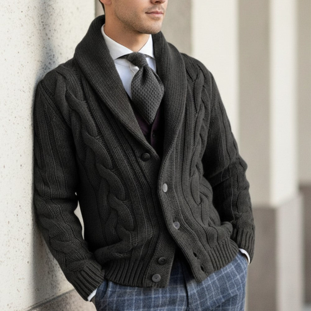 Men’s Cable Knit Shawl Collar Cardigan - Men Knit Cardigan - Wild Eye Vision