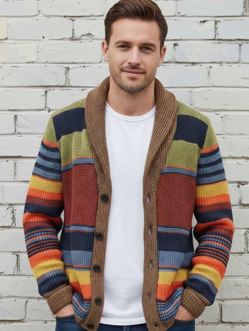 Men’s Retro Striped Shawl Collar Cardigan - Men Knit Cardigan - Wild Eye Vision