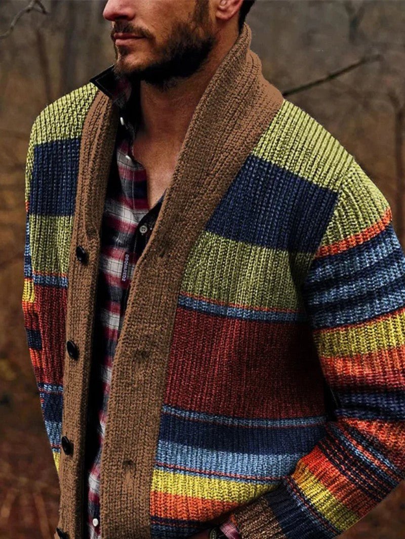 Men’s Retro Striped Shawl Collar Cardigan - Men Knit Cardigan - Wild Eye Vision