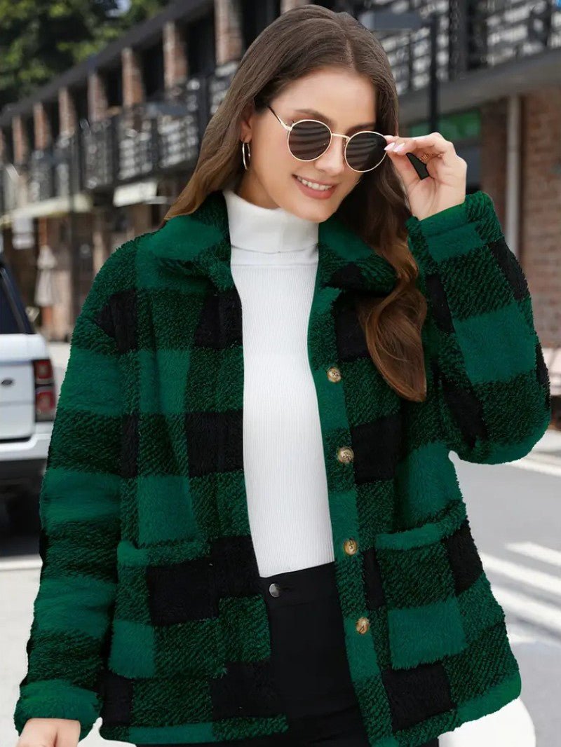 Plaid Button Teddy Jacket with Pockets - Women's Winter Jacket - Wild Eye Vision