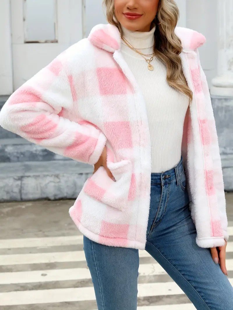 Plaid Button Teddy Jacket with Pockets - Women's Winter Jacket - Wild Eye Vision