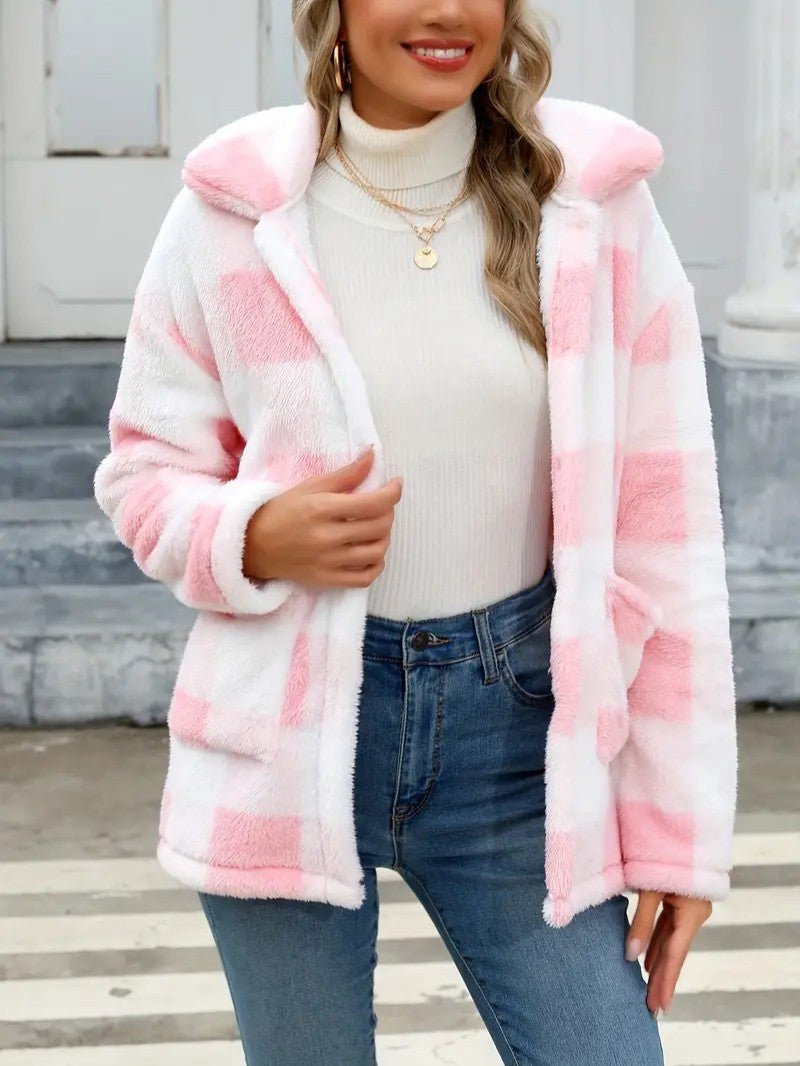 Plaid Button Teddy Jacket with Pockets - Women's Winter Jacket - Wild Eye Vision