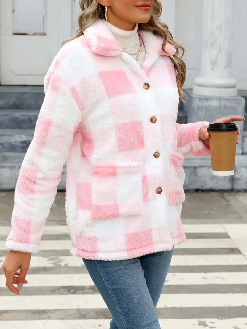 Plaid Button Teddy Jacket with Pockets - Women's Winter Jacket - Wild Eye Vision