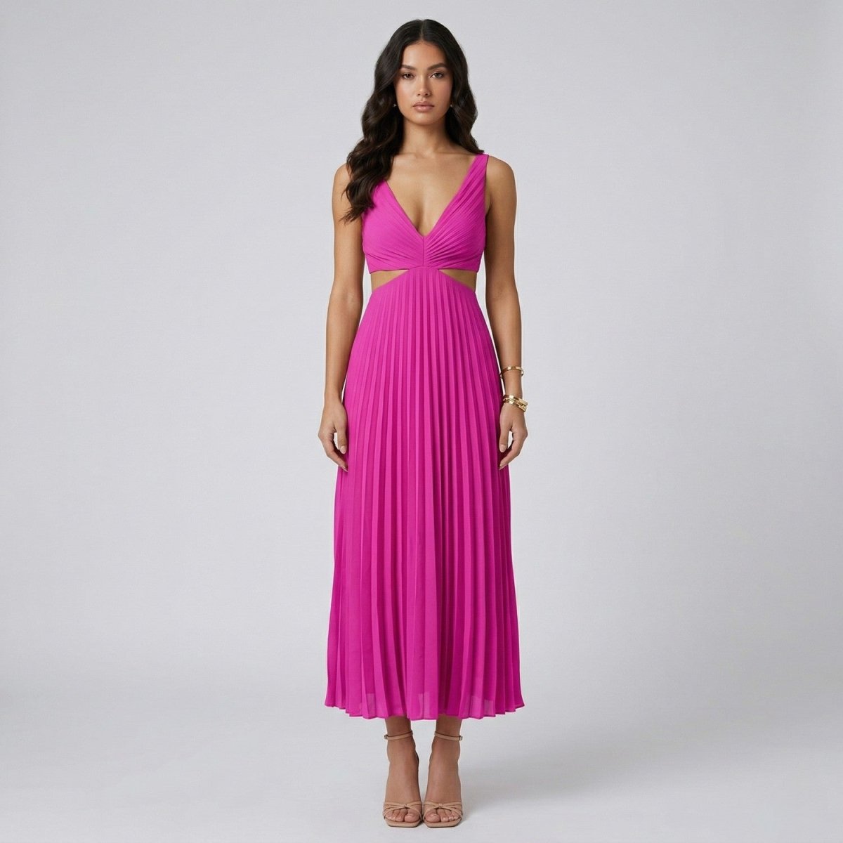 Pleated V Neck Maxi Dress - Maxi Dress - Wild Eye Vision
