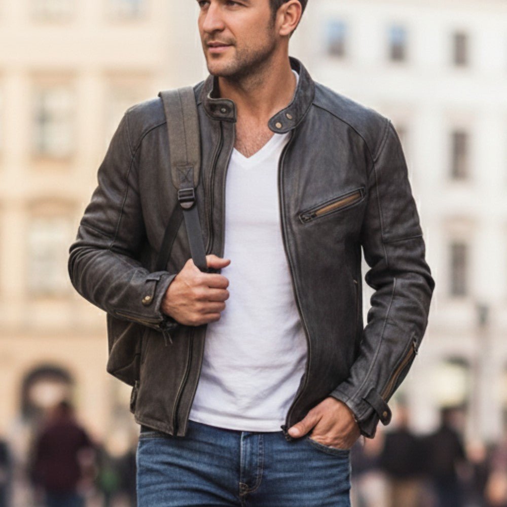 Stand Collar Leather Street Jacket - Men's Leather Jacket - Wild Eye Vision