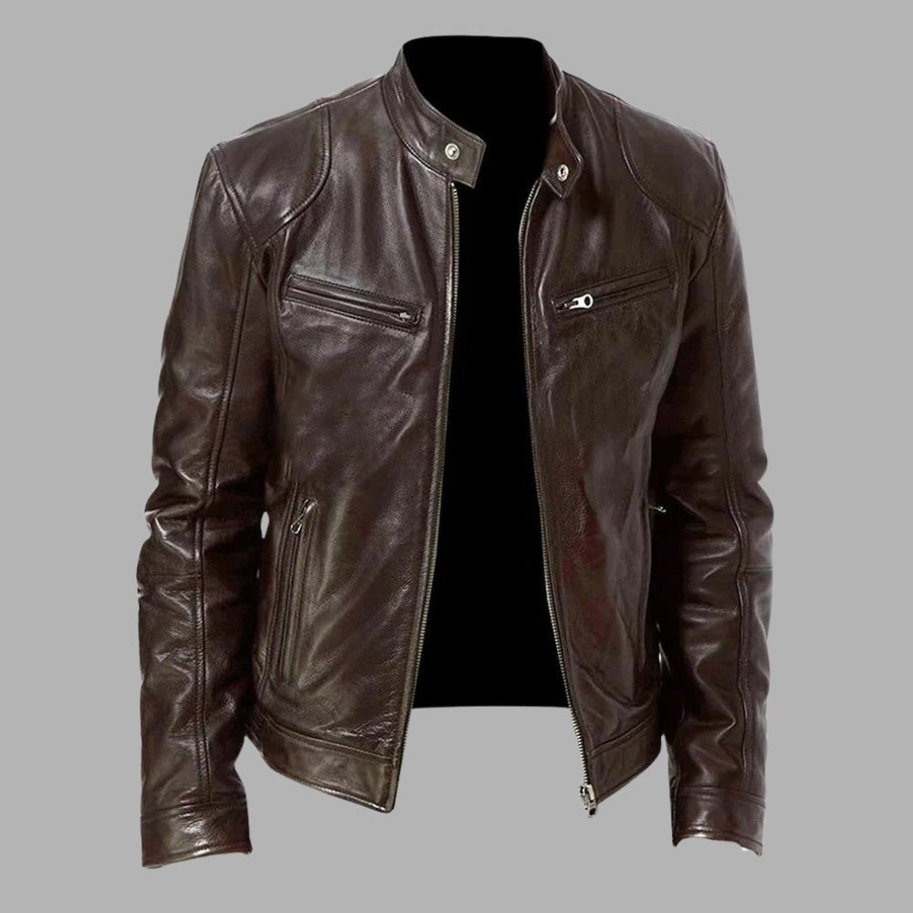 Stand Collar Leather Zip Jacket - Men's Leather Jacket - Wild Eye Vision