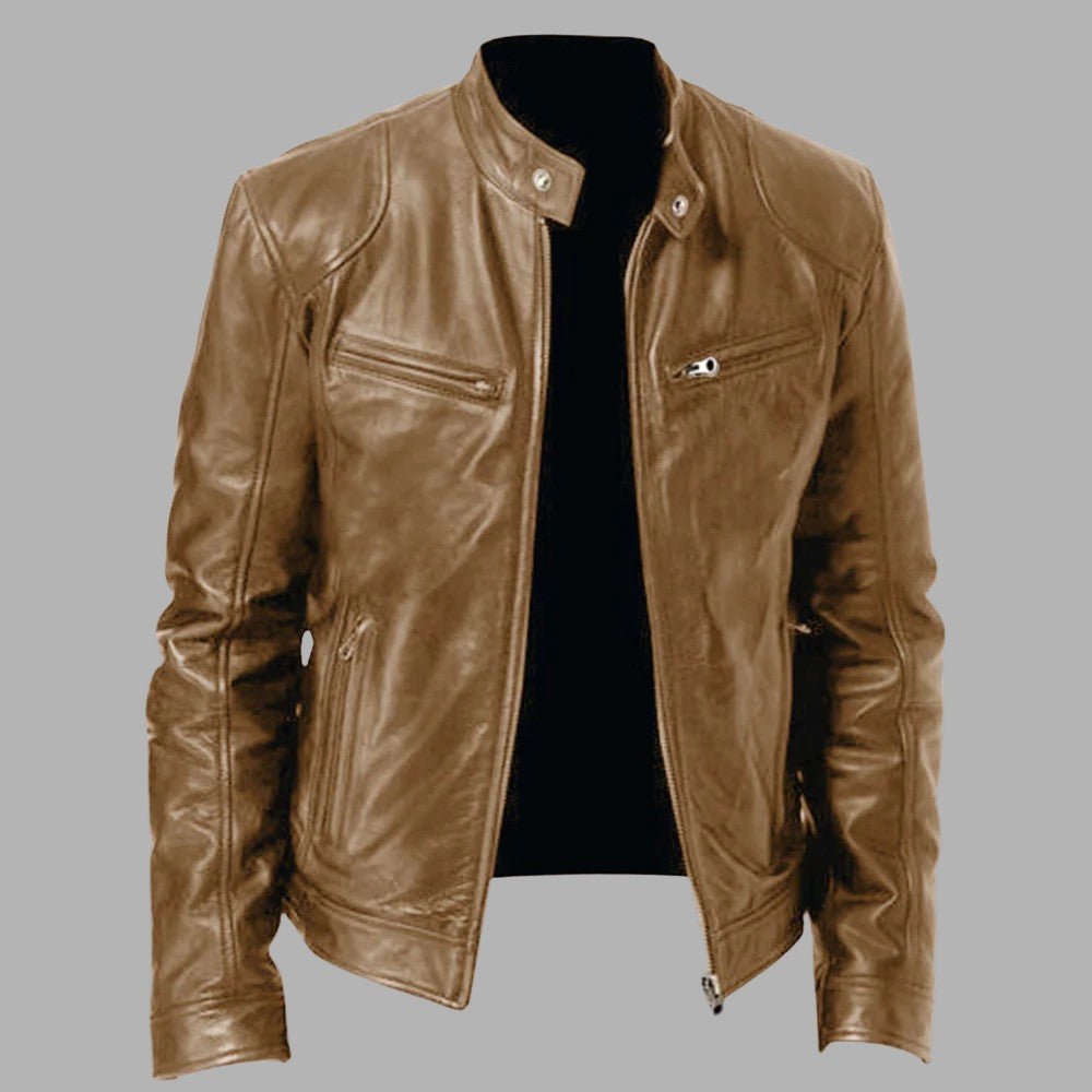 Stand Collar Leather Zip Jacket - Men's Leather Jacket - Wild Eye Vision