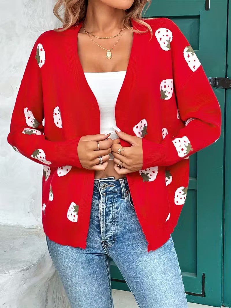 Strawberry Print Open Cardigan - Women Knit Cardigan - Wild Eye Vision