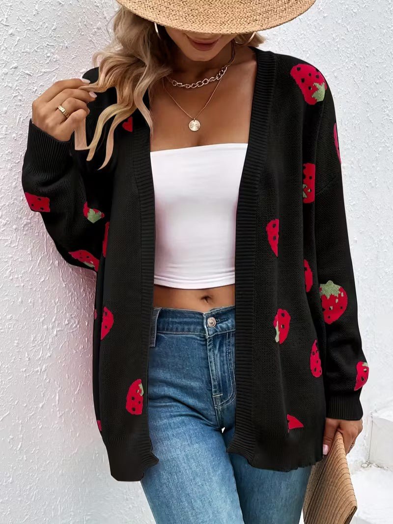 Strawberry Print Open Cardigan - Women Knit Cardigan - Wild Eye Vision