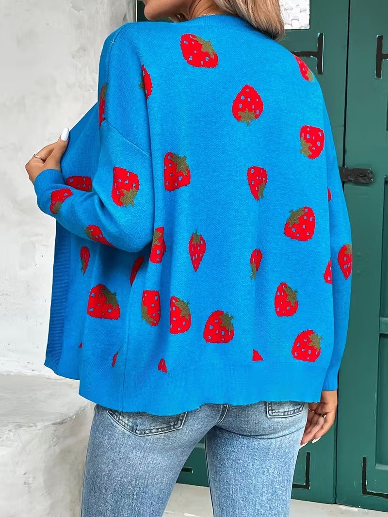 Strawberry Print Open Cardigan - Women Knit Cardigan - Wild Eye Vision