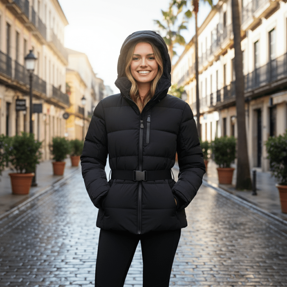 Women's Belted Hooded Puffer Jacket - Women's Puffer Jacket - Wild Eye Vision