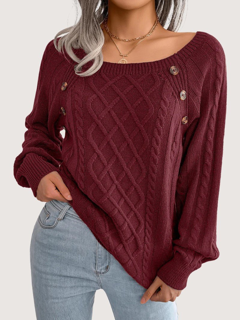Women's Cable Knit Jumper with Button Details - Women Knitted Jumper - Wild Eye Vision
