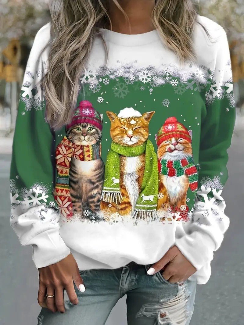 Women’s Christmas Cat Print Crewneck Sweatshirt - Ladies Christmas Jumpers - Wild Eye Vision