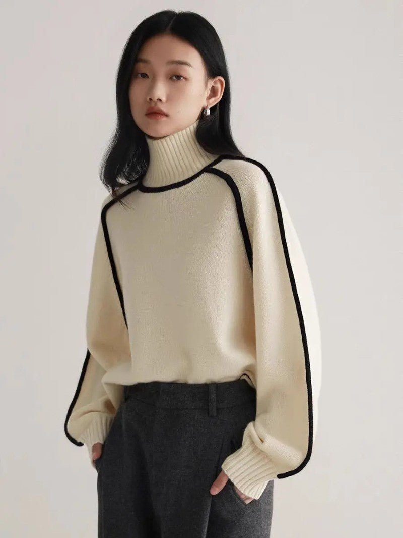 Women’s Oversized Turtleneck Sweater with Contrast Sleeve Trim - Women Jumper - Wild Eye Vision