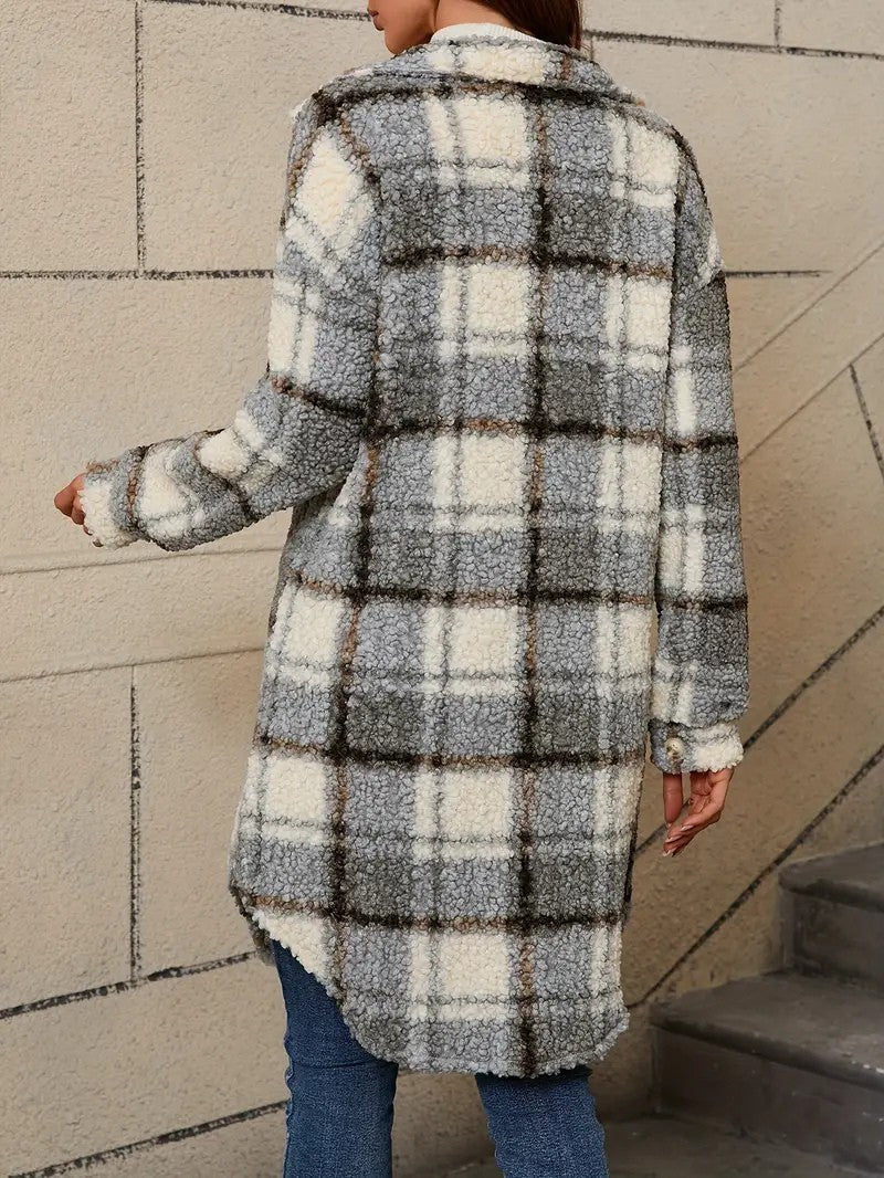 Women's Plaid Fuzzy Long Coat - Women's Coat - Wild Eye Vision