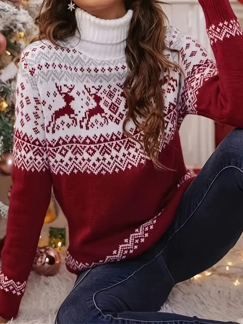 Women’s Reindeer Turtleneck Christmas Sweater - Ladies Christmas Jumpers - Wild Eye Vision