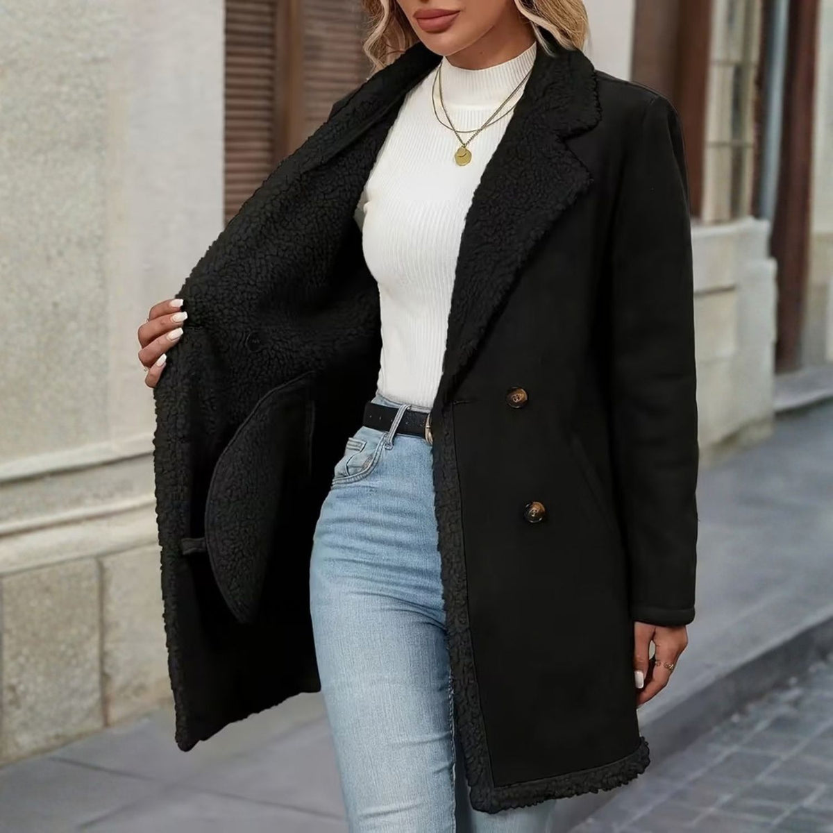 Faux Shearling Lapel Coat