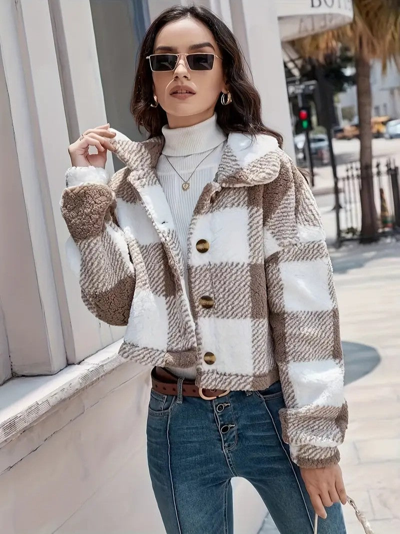 Cozy Plaid Button-Front Teddy Jacket